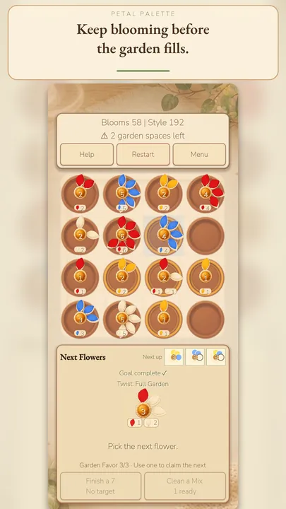 Petal Palette garden with two spaces left and a full garden twist active