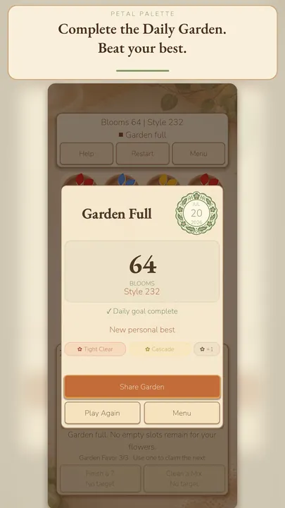 Petal Palette Daily Garden recap showing 64 blooms, a completed daily goal, and a new personal best