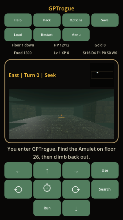 Rogue 3D first-person dungeon view with automap, status, and movement controls