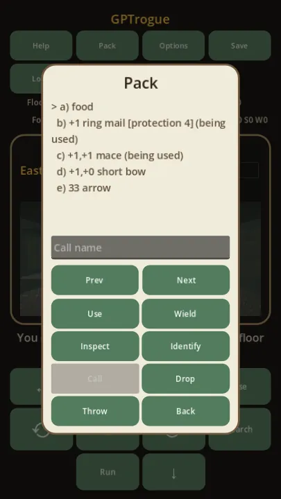 Rogue 3D pack showing food, armor, weapons, and item actions